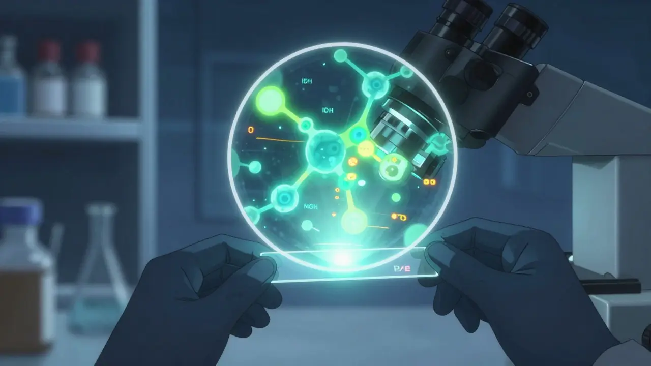 Madhouse anime style scientist examining molecular markers in a pathology lab under bright light