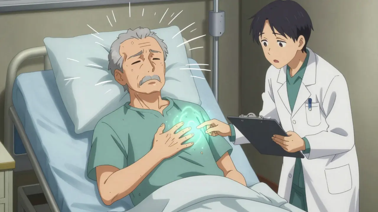 Madhouse-style anime scene of an elderly patient experiencing heart symptoms while being attended to by a doctor.