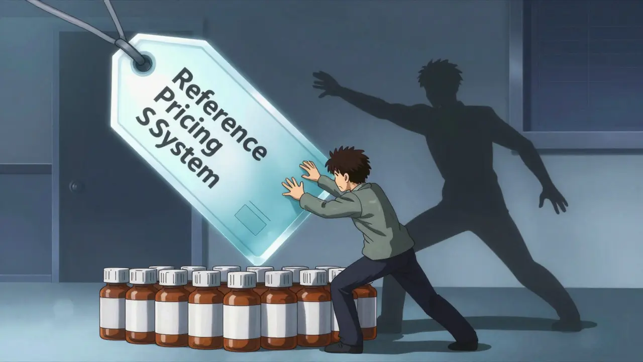 Madhouse style art depicting a generic drug supplier pushing down prices against a brand competitor