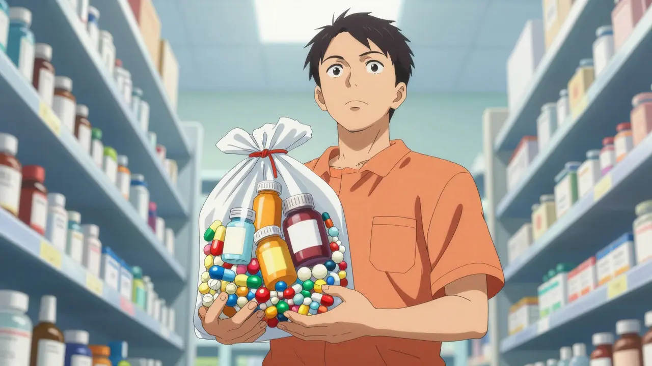 Patient holding bag of medications in anime style