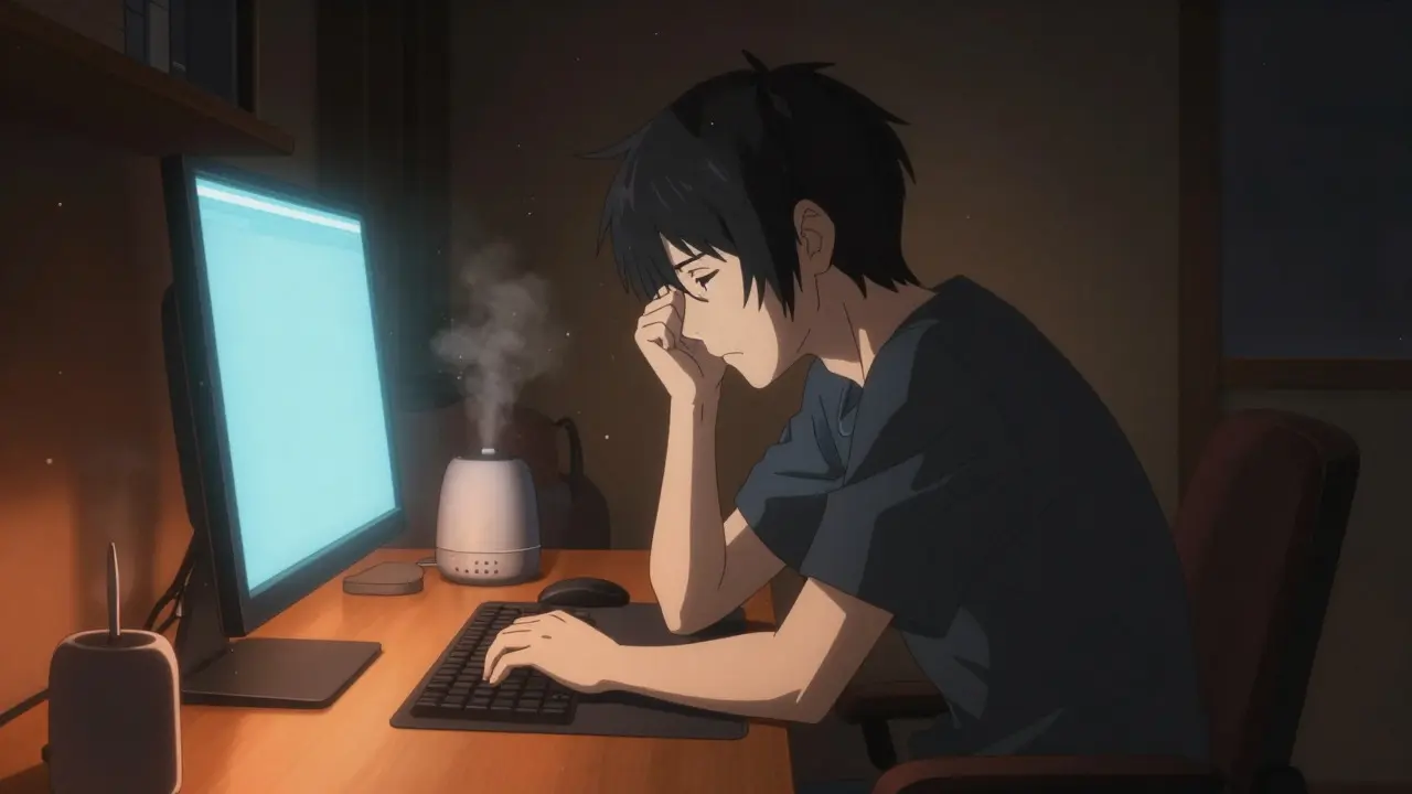 Person suffering from digital eye strain at a desk in an anime style