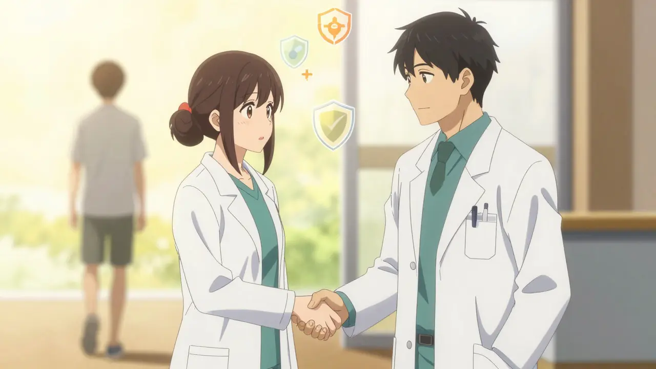 Pharmacist and doctor agreeing, with a happy patient walking into the distance.