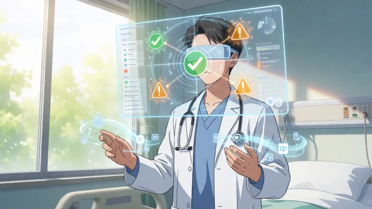 Physician using augmented reality to view real-time drug safety alerts in a hospital.