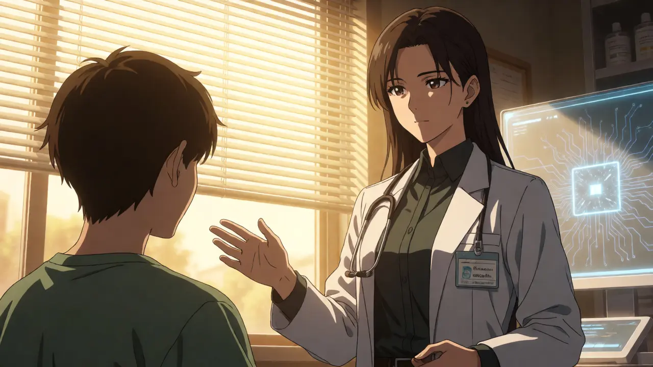 Professional translator clarifying medication instructions for a patient