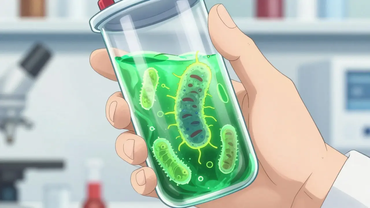 Scientist holding vial with glowing bacteria in anime style