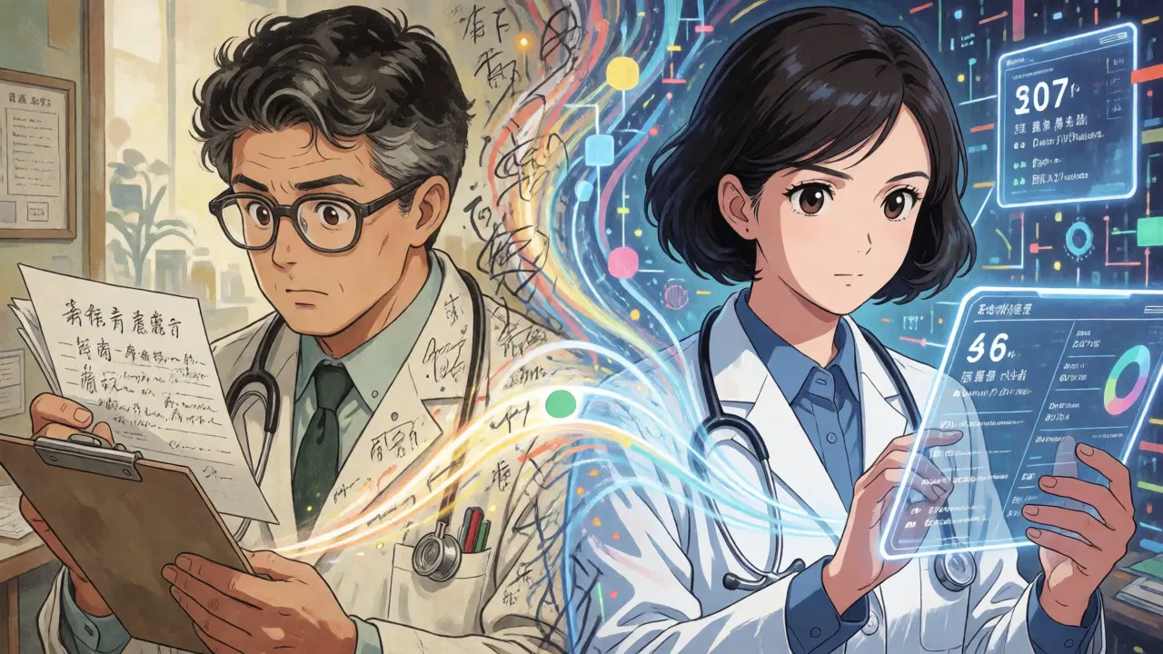 Split screen comparing vague past medical notes with precise modern data interfaces.