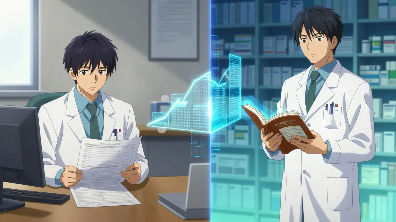 Split view of a skeptical doctor and a confident pharmacist sharing data evidence.