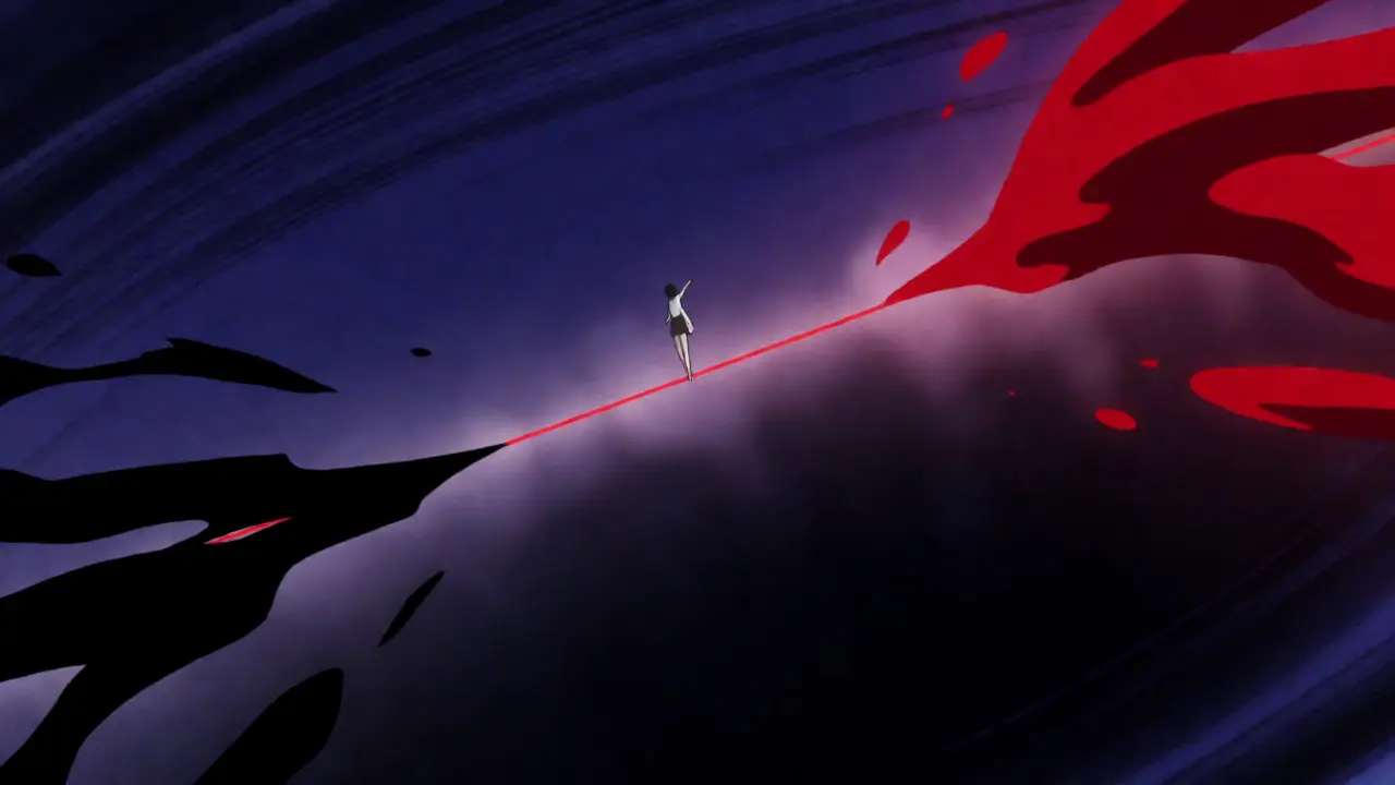 Abstract anime art of balancing on a red wire between clotting and bleeding