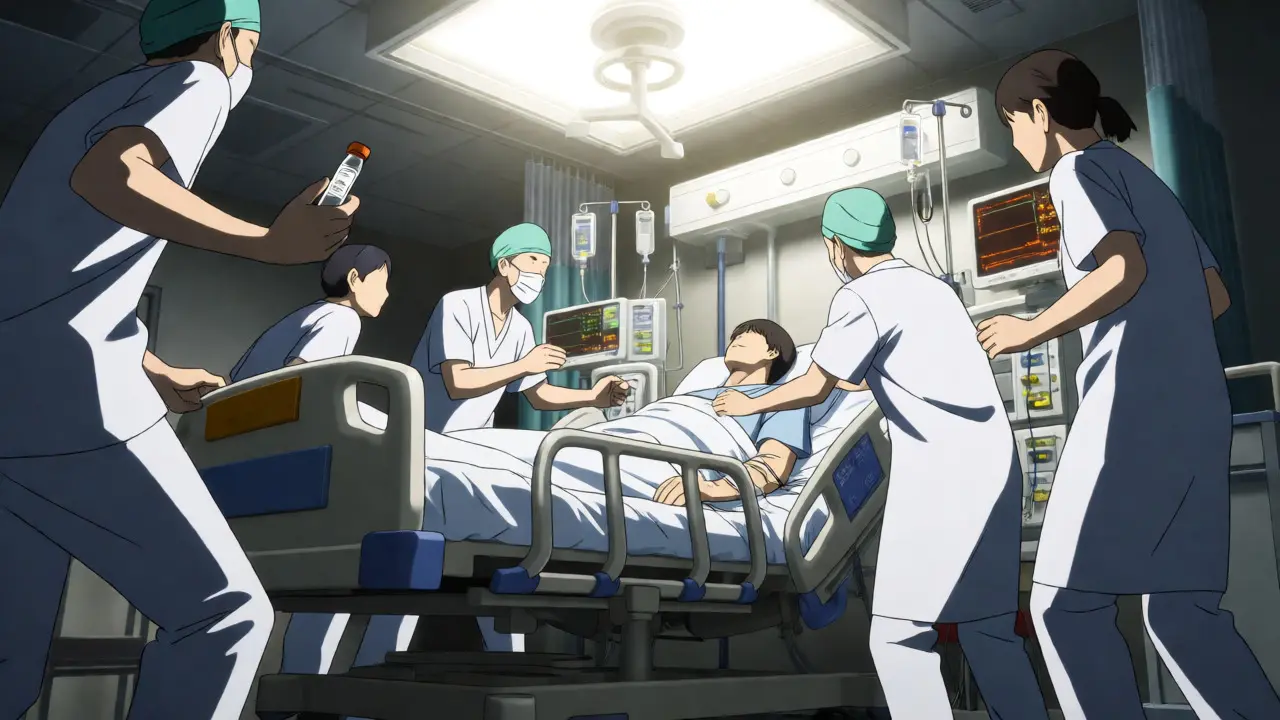 Emergency room doctors urgently treating a patient with IVs